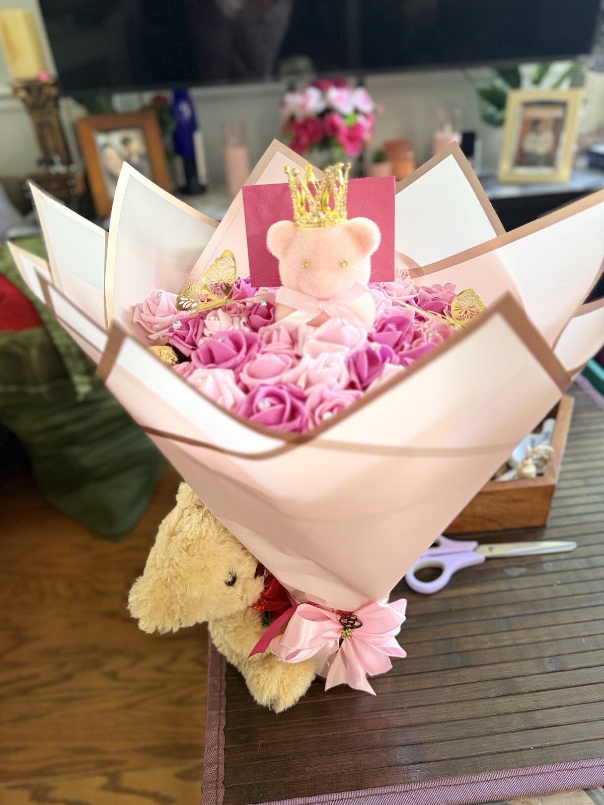 Artificial Rose Flower Bouquet Arrangement with Teddy Bear & Crown, Pink White