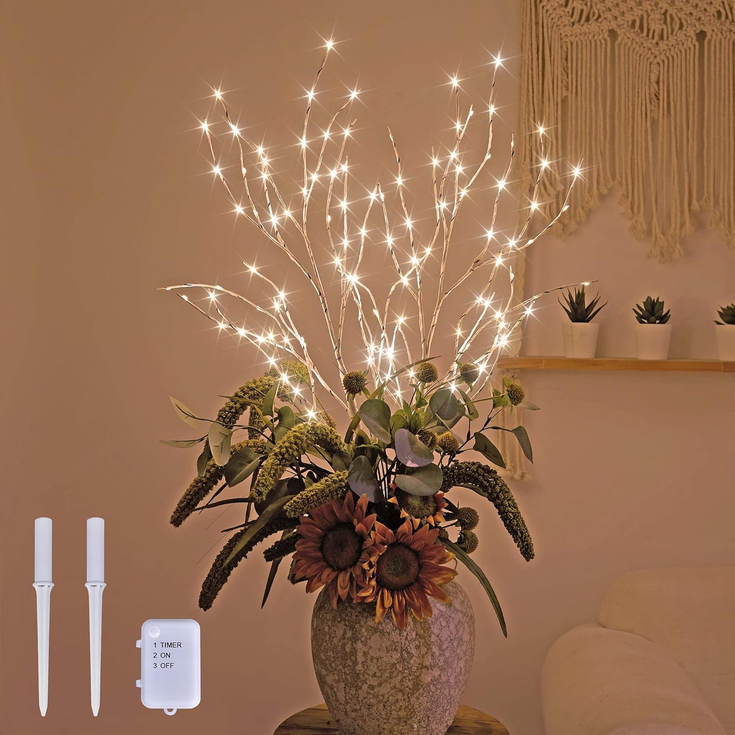 Lighted 32IN Artificial Twig Birch Tree Branch with 120 Fairy LED Lights Battery