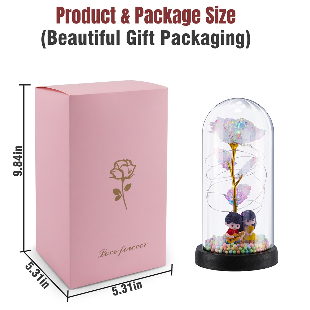 La Rose éternelle illumine le cadeau à la femme décédée dans un dôme de verre