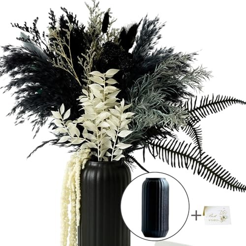 Natural Dried Pampas Grass Bouquet with Black Ceramic Vase, 17″ Color Scheme 1