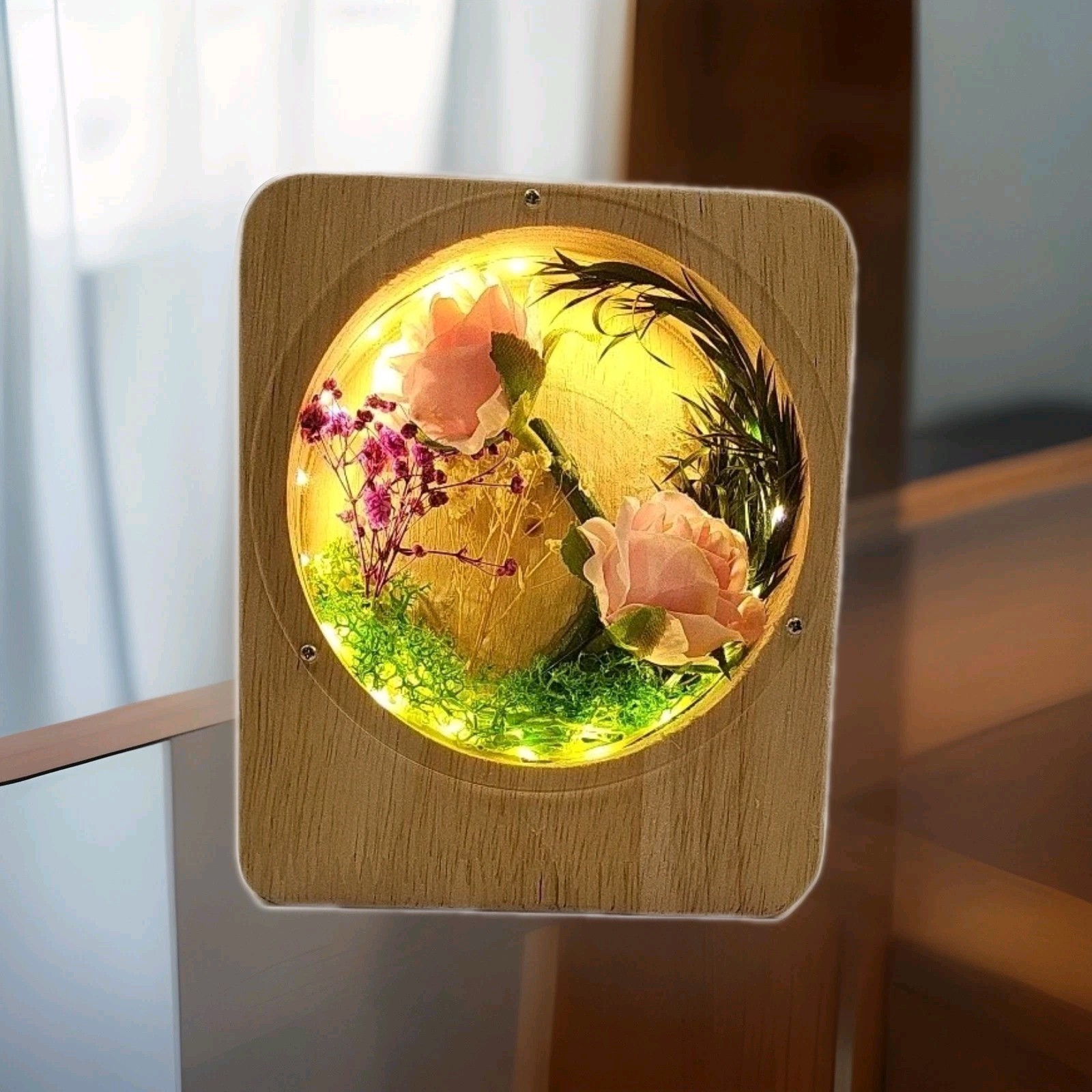 Pink Roses With Green Moss And Purple Flowers, In A Light Up Wooden Box