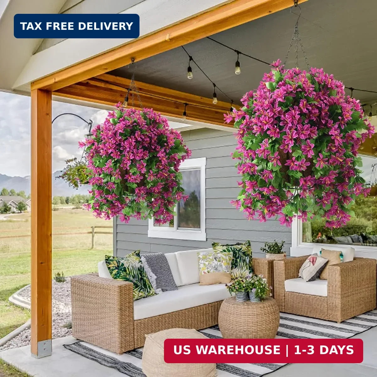 INQCMY Artificial Hanging Flowers in Basket for Spring Summer Outdoor Porch Deco