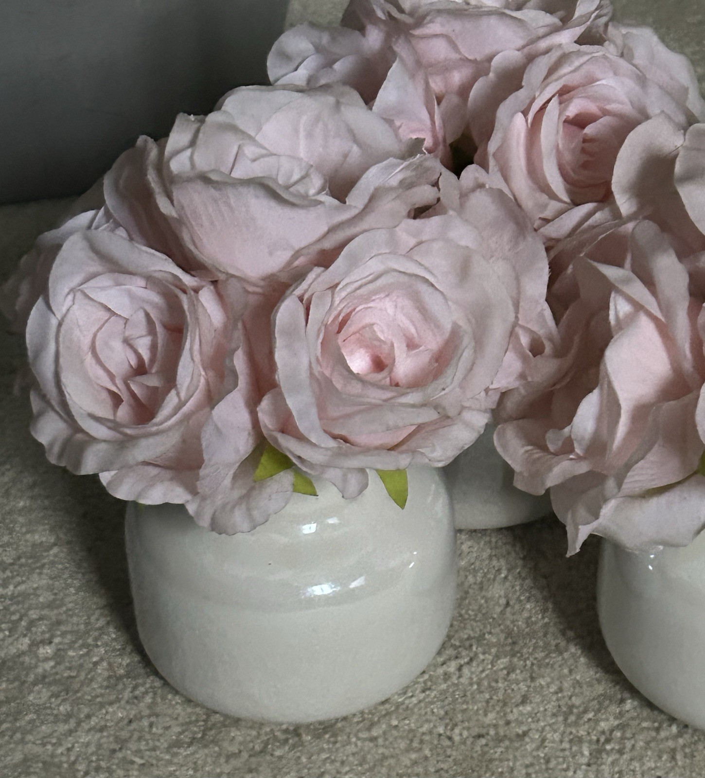 Beautiful Artificial Pink Roses Set In Pearl White Short Vases Realistic