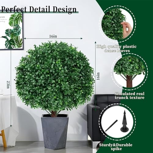 2Pack Artificial Topiary Ball Trees, 16” UV Resistant Fake Evergreen Boxwood
