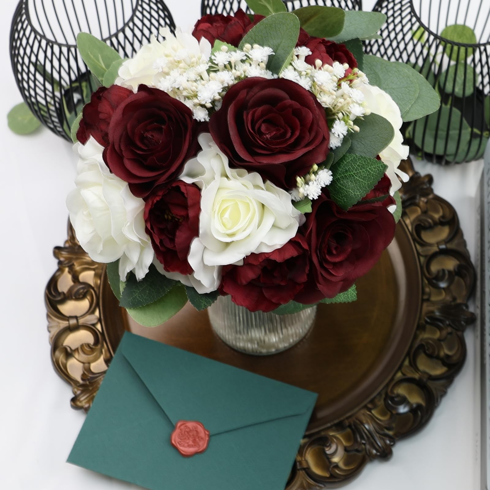 Burgundy White Silk Rose Peony Bridesmaid Bouquets Wedding Decor 11″ 2 PCS