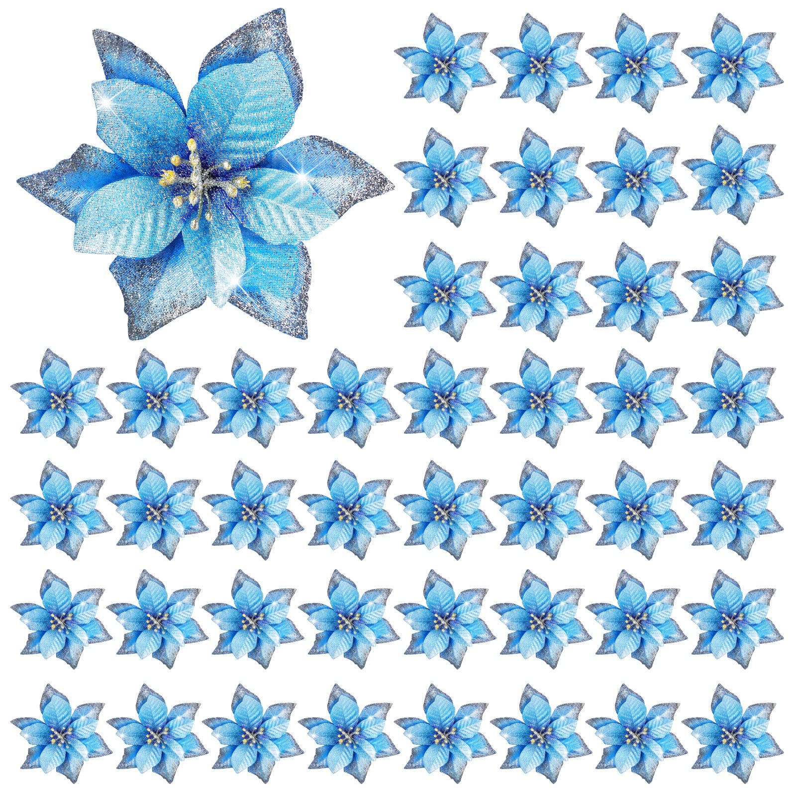 45 PCS Blue 5 Inch Christmas Poinsettia Glitter Artificial Flowers Ornament