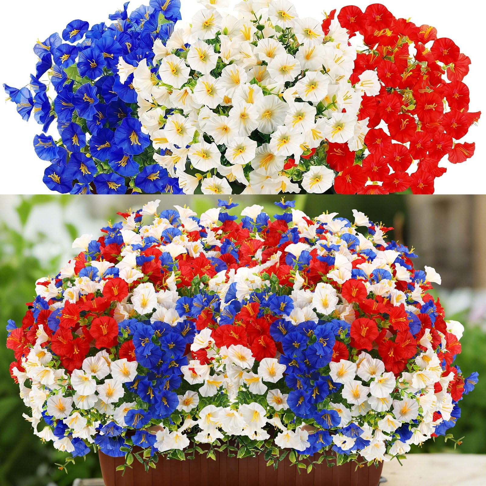 12 Pcs Red White Blue Artificial Flower Outdoor UV Resistant Petunias Patriot…