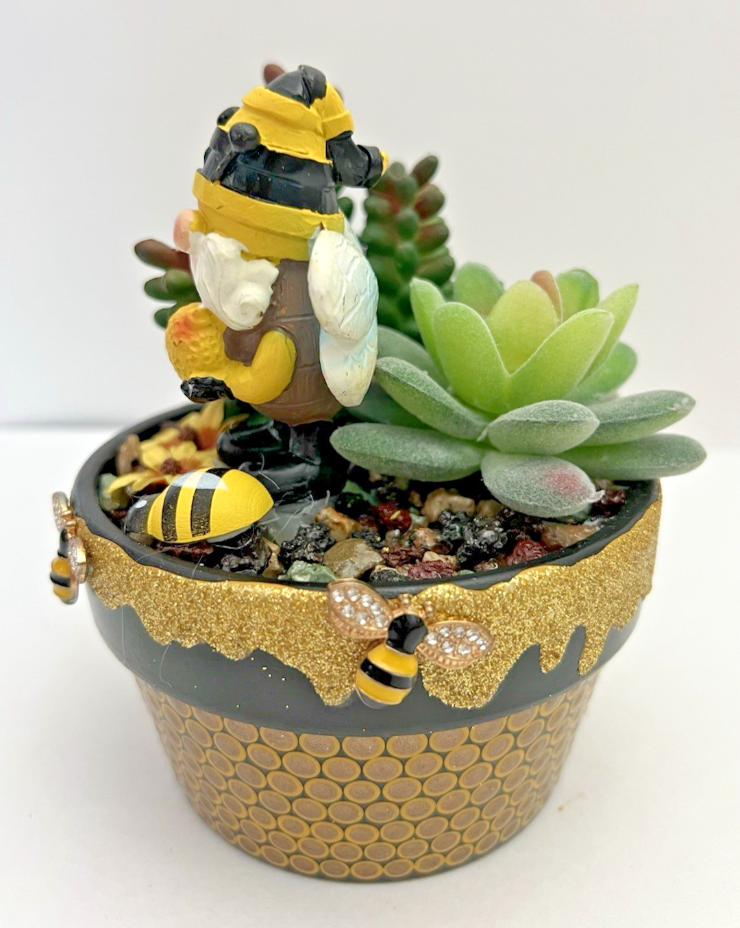 Handmade Gnome Planter Pot Fake Cactus Bumble Bee Theme Artificial Succulent