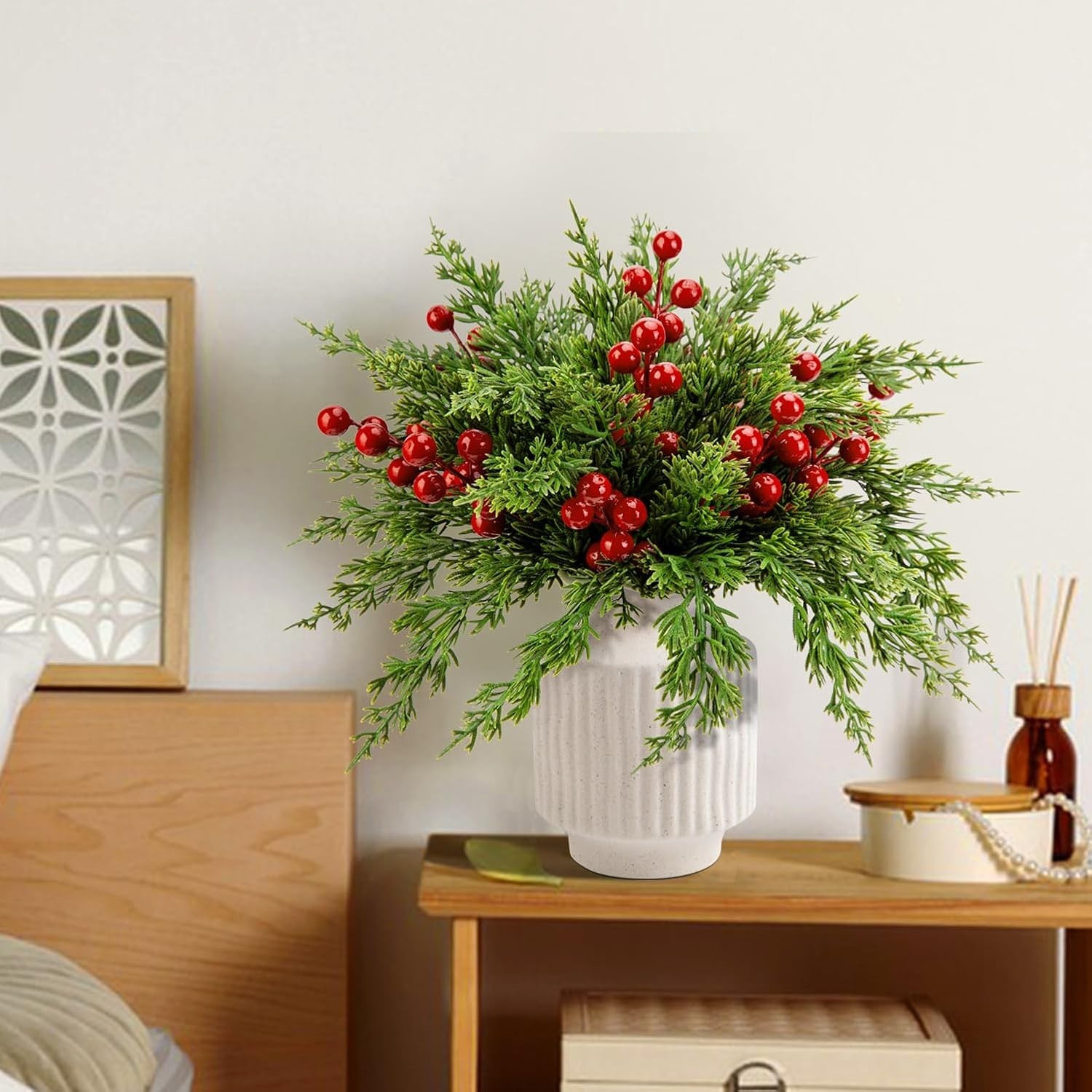 45 Pcs Christmas Artificial Pine Branches with Red Berry Stems, 10.5″ Faux Ev…