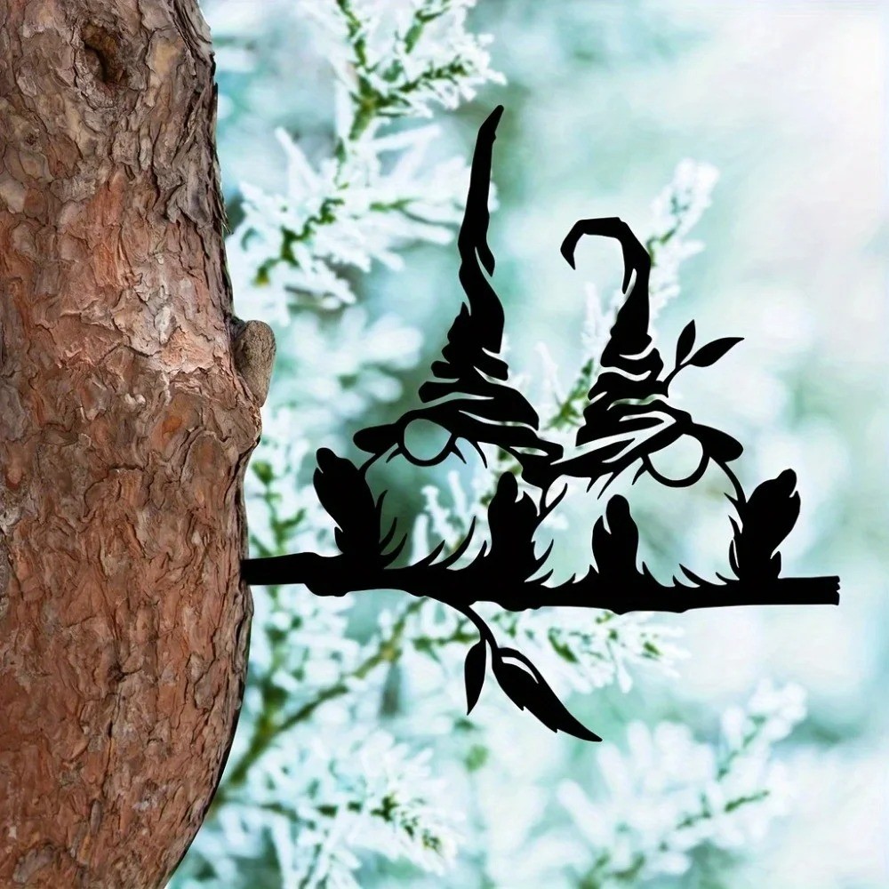 Elf Fungi Twig Metal Garden Wall Sculpture – Enchanting Outdoor Tree Decor Gift