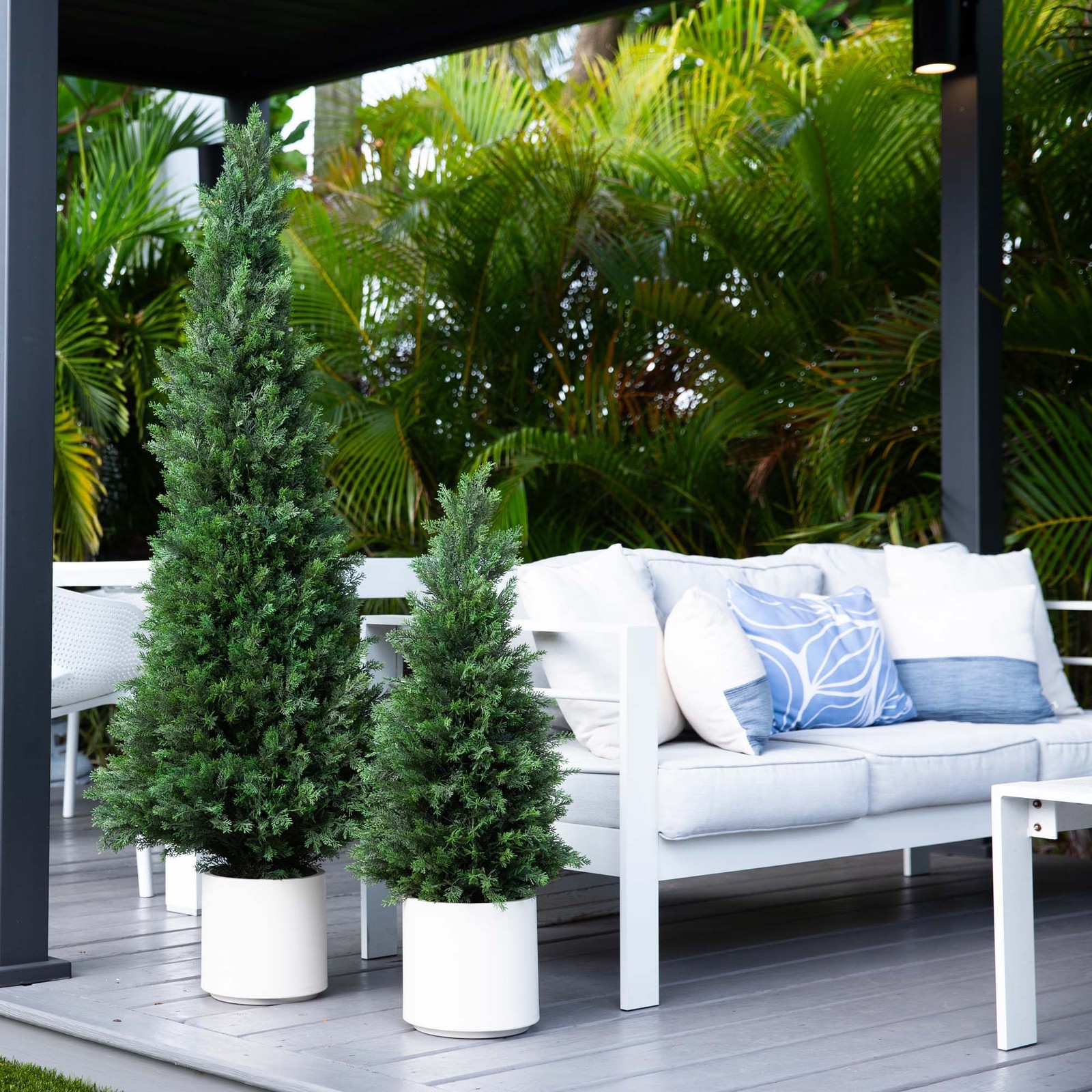Nearly Natural 3ft UV Resistant Cedar Tree in White Planter in Green
