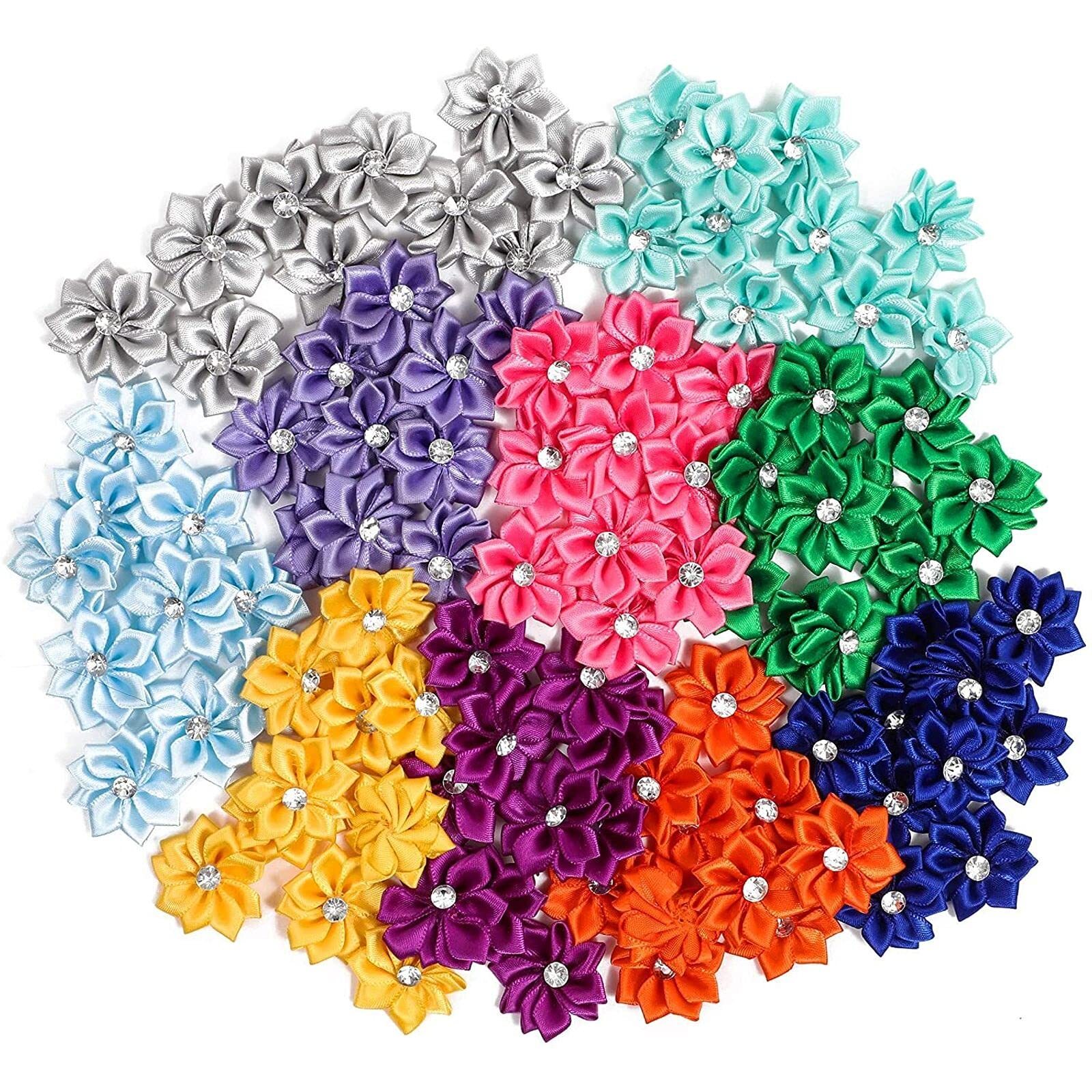 100 Pcs Satin Ribbon Flower Bows Sewing Appliques Daisy Flower Heads
