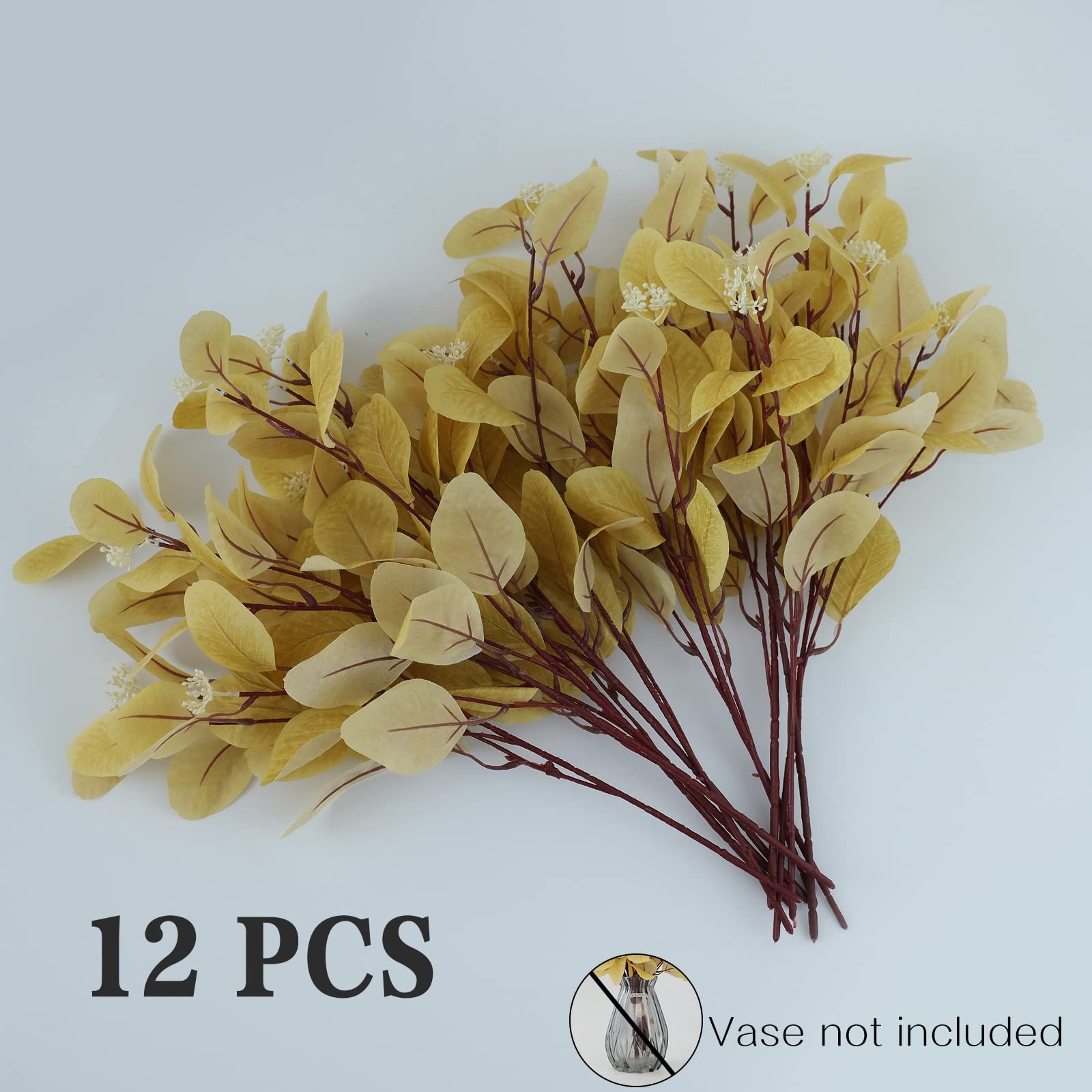 12Pcs Artificial Eucalyptus Stems, 20″ Faux Silk Leaves with Beige Berries Li…