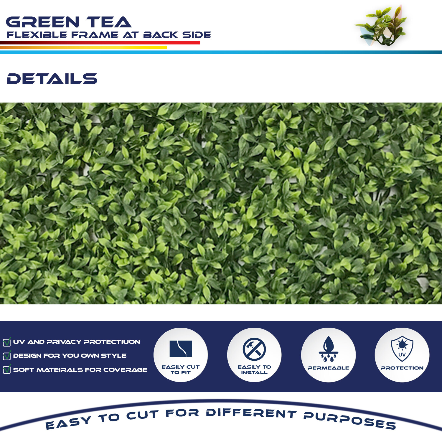 20″ Artificial Green Tea Leaf Mat Wall Hedge Decor Privacy Panel for Home Office