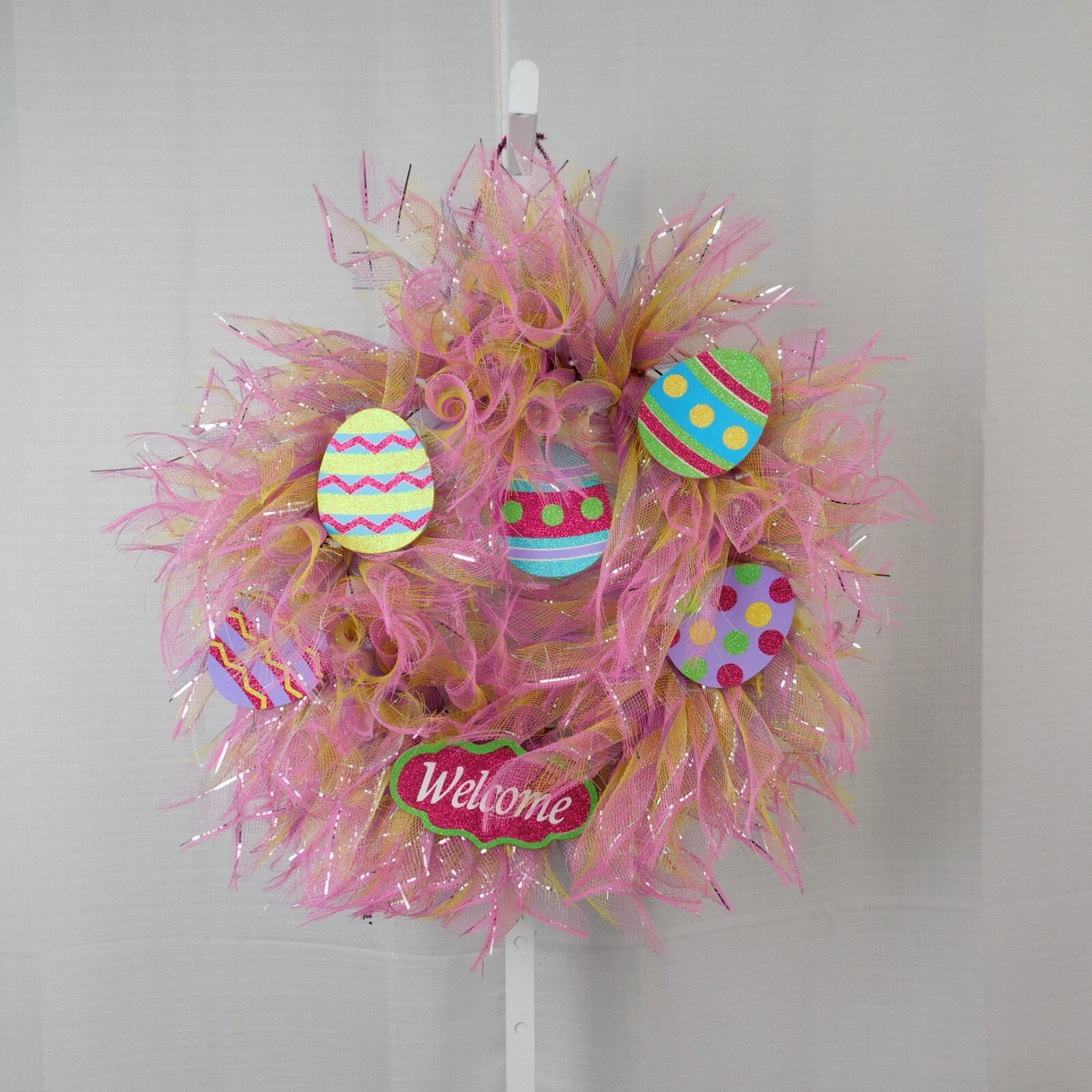 Handmade Mesh Wreath Easter Pastel Glitter Eggs Welcome Sign Metallic Pink #C317