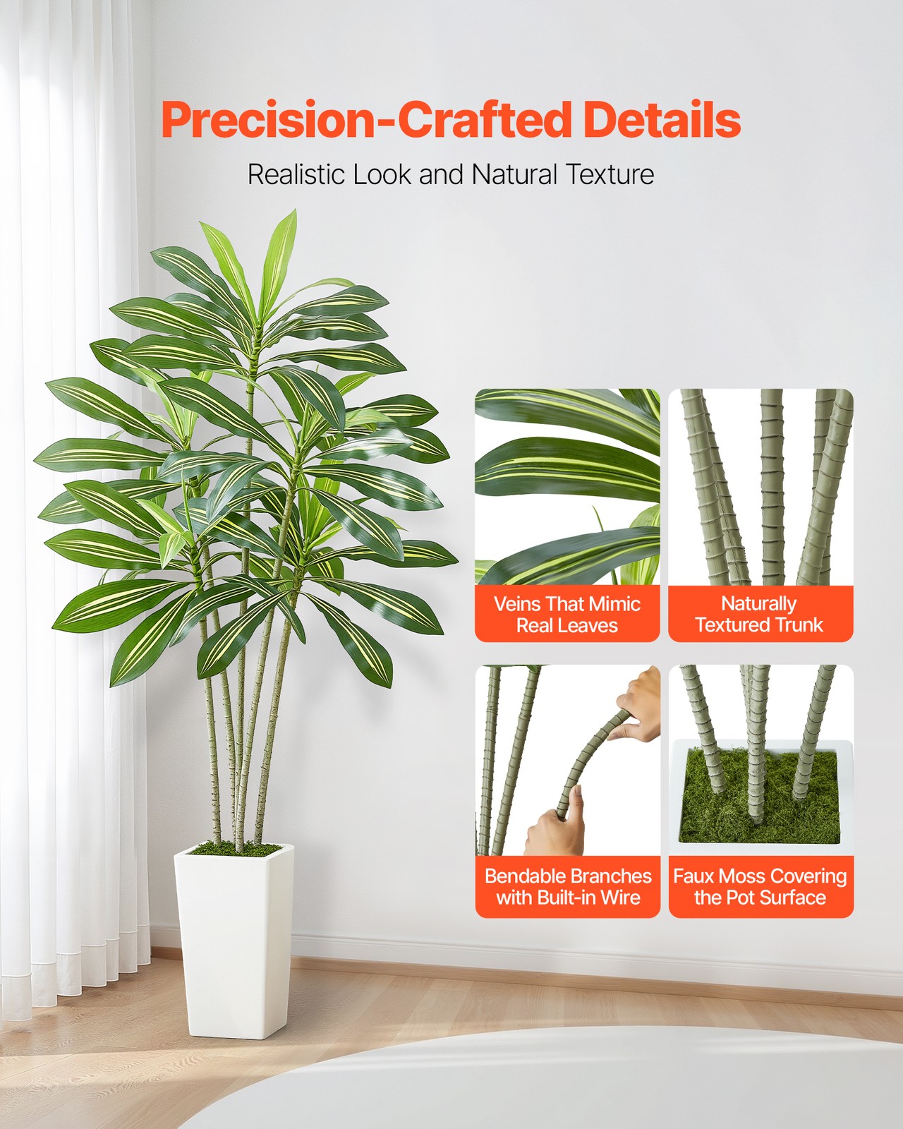 VEVOR 6ft Artificial Dracaena Tree Fake Plant with White Planter Indoor