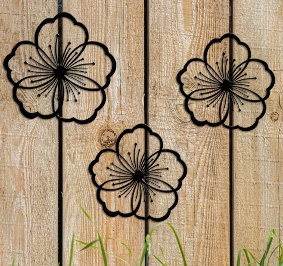 Set of 3 Black Metal Flower Wall Decor – Floral Garden Fence Art Indoor Outdoor