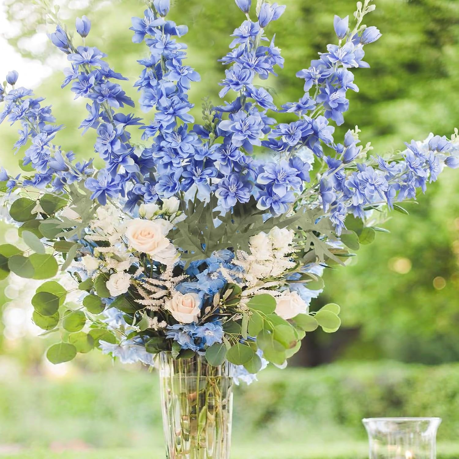 4PCS Blue Delphinium Artificial Silk Flowers 33.5″ Long Stem for Home & Wedding