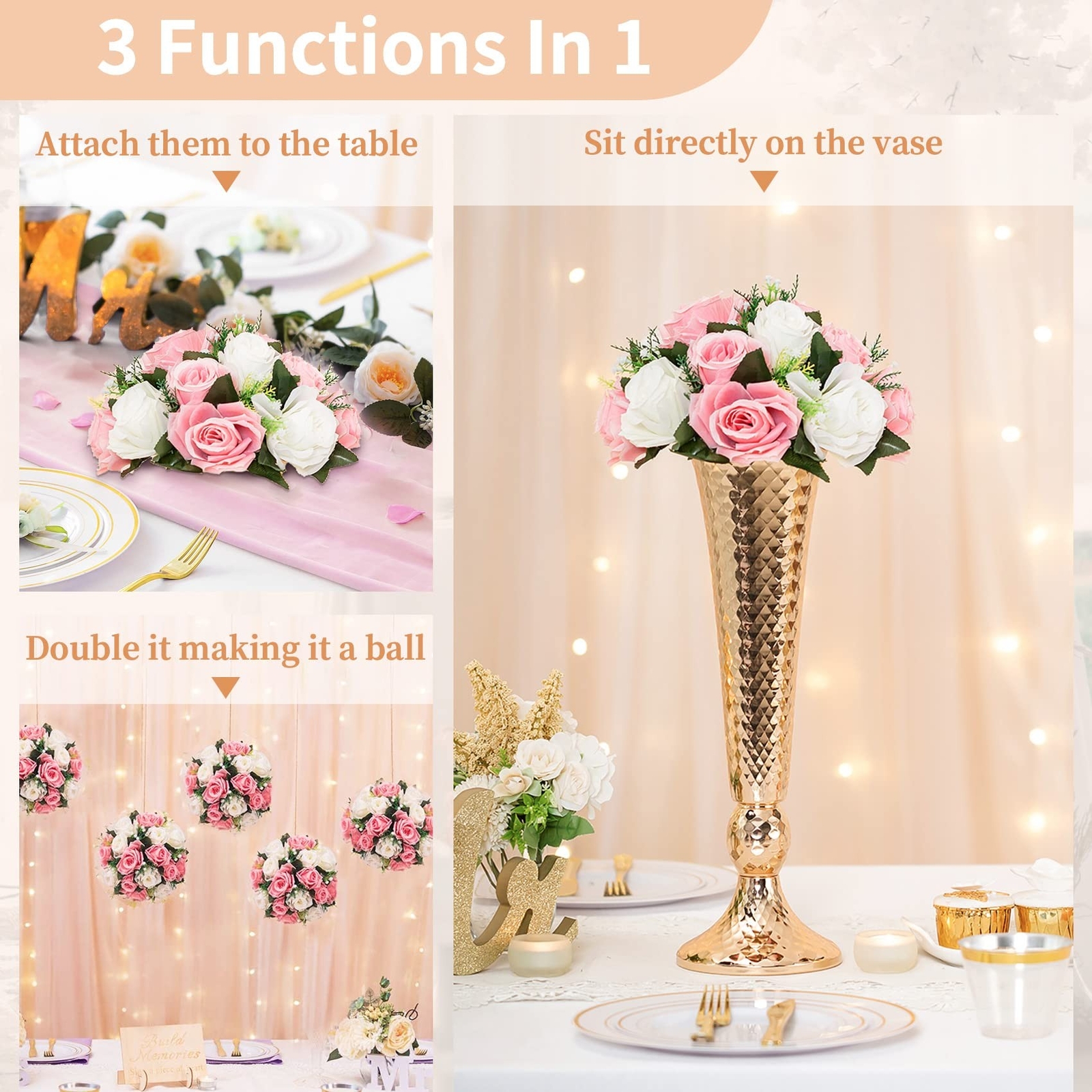 NUPTIO Pcs of 2 Fake Flower Ball Arrangement Bouquet,15 Heads Plastic Roses w…