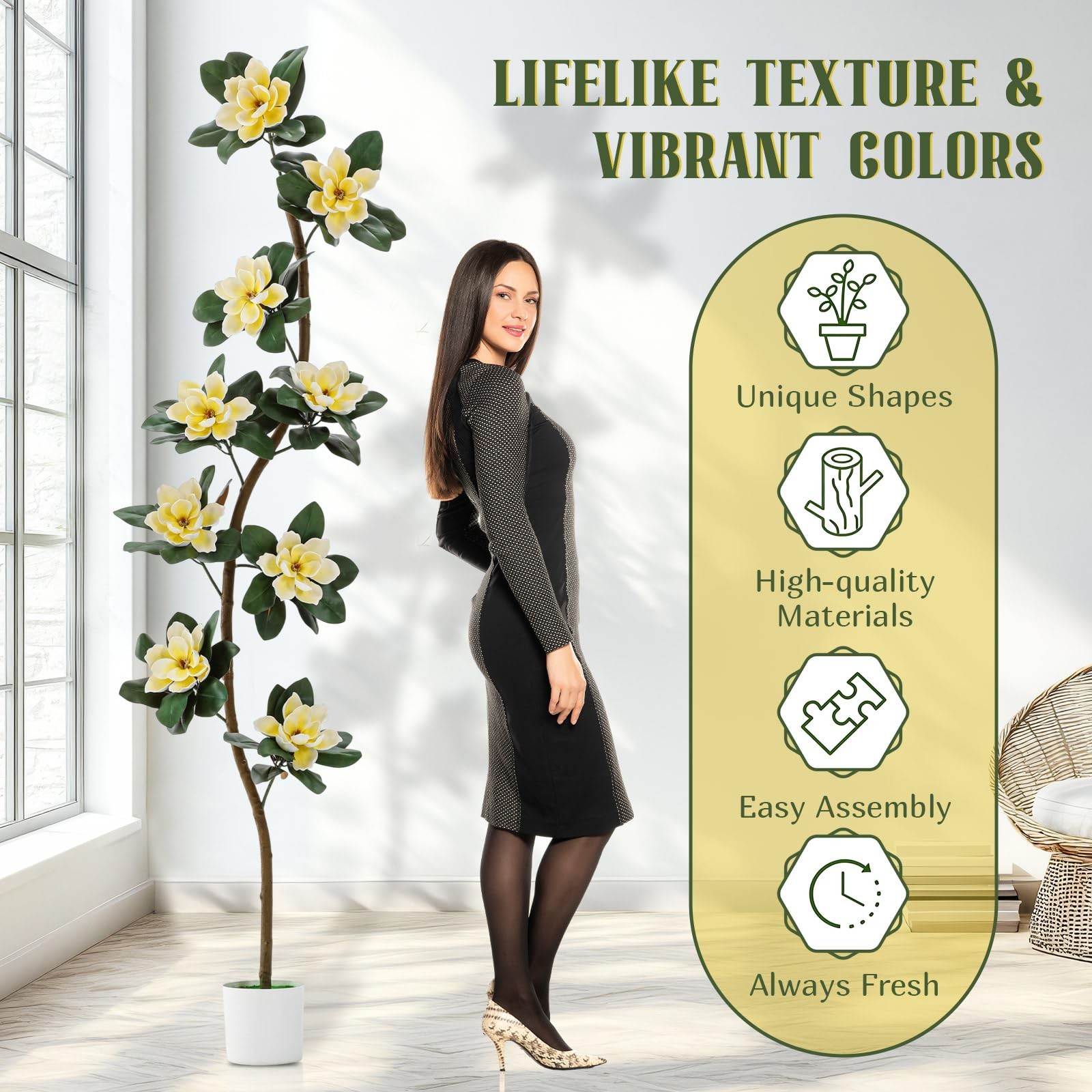 7 ft Artificial Tree with 9 Magnolia Flowers in Pot Extra Tall Faux Magnolia …