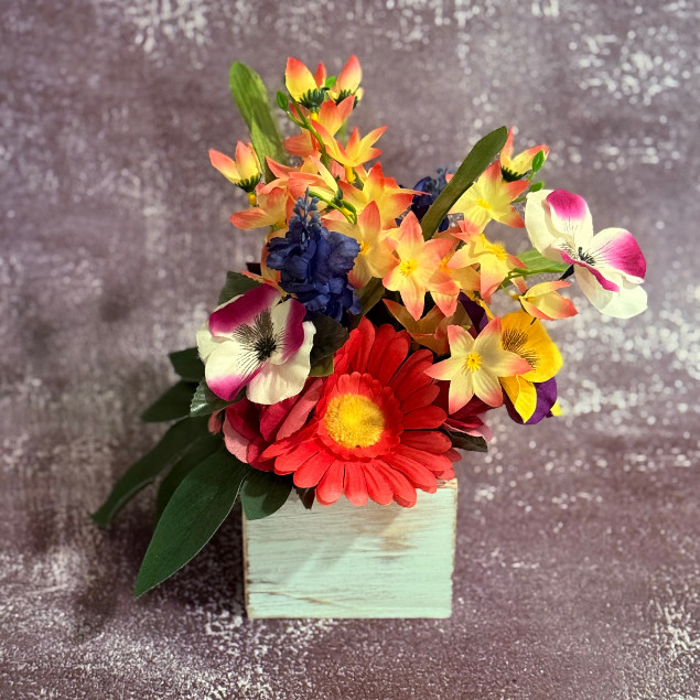 Gerbera Daisy Centerpiece Pink Faux Floral Arrangement Wooden Box Floral Decor