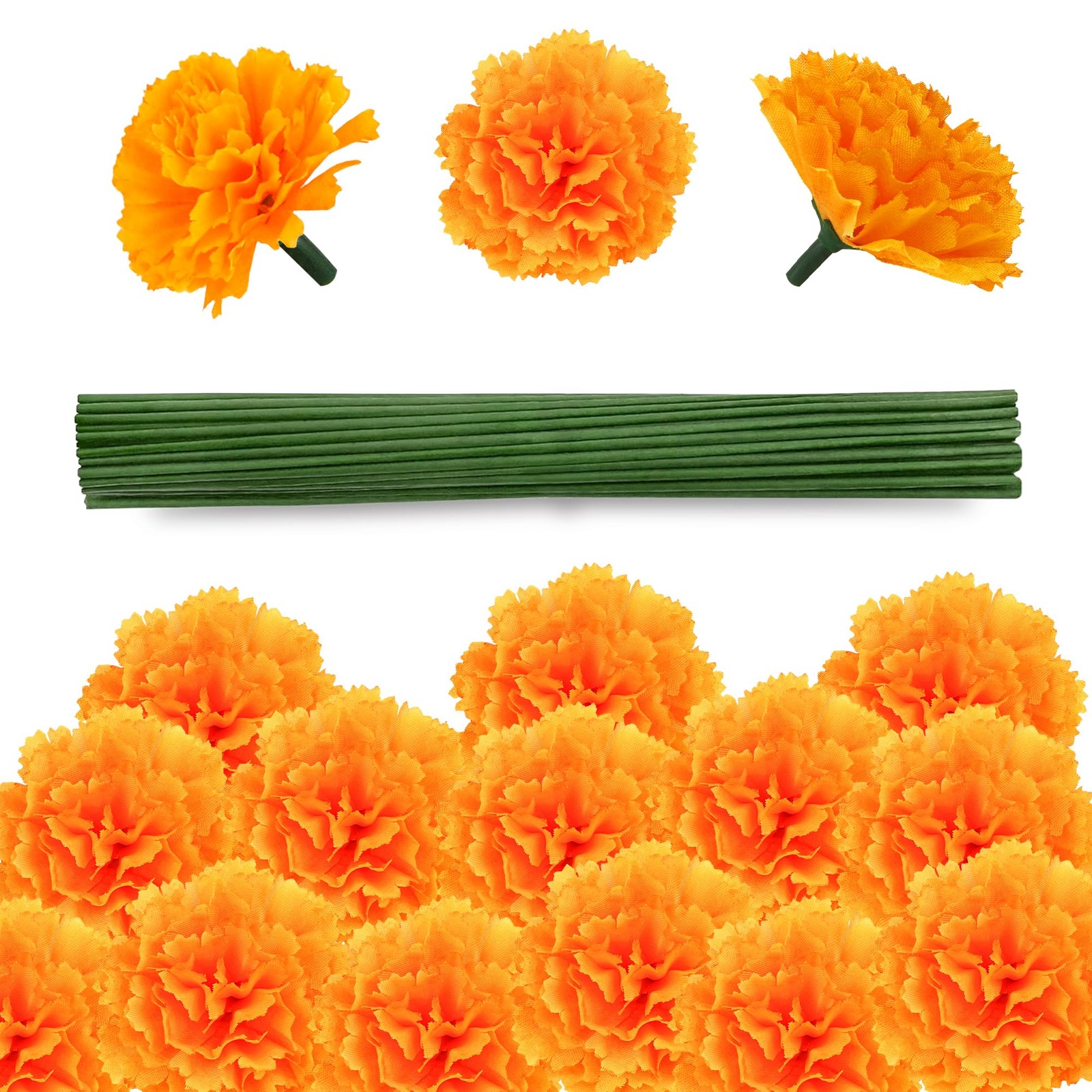 50 Pcs Artificial Marigold Flowers,2″ Silk Marigold Flower Heads with Stems,O…