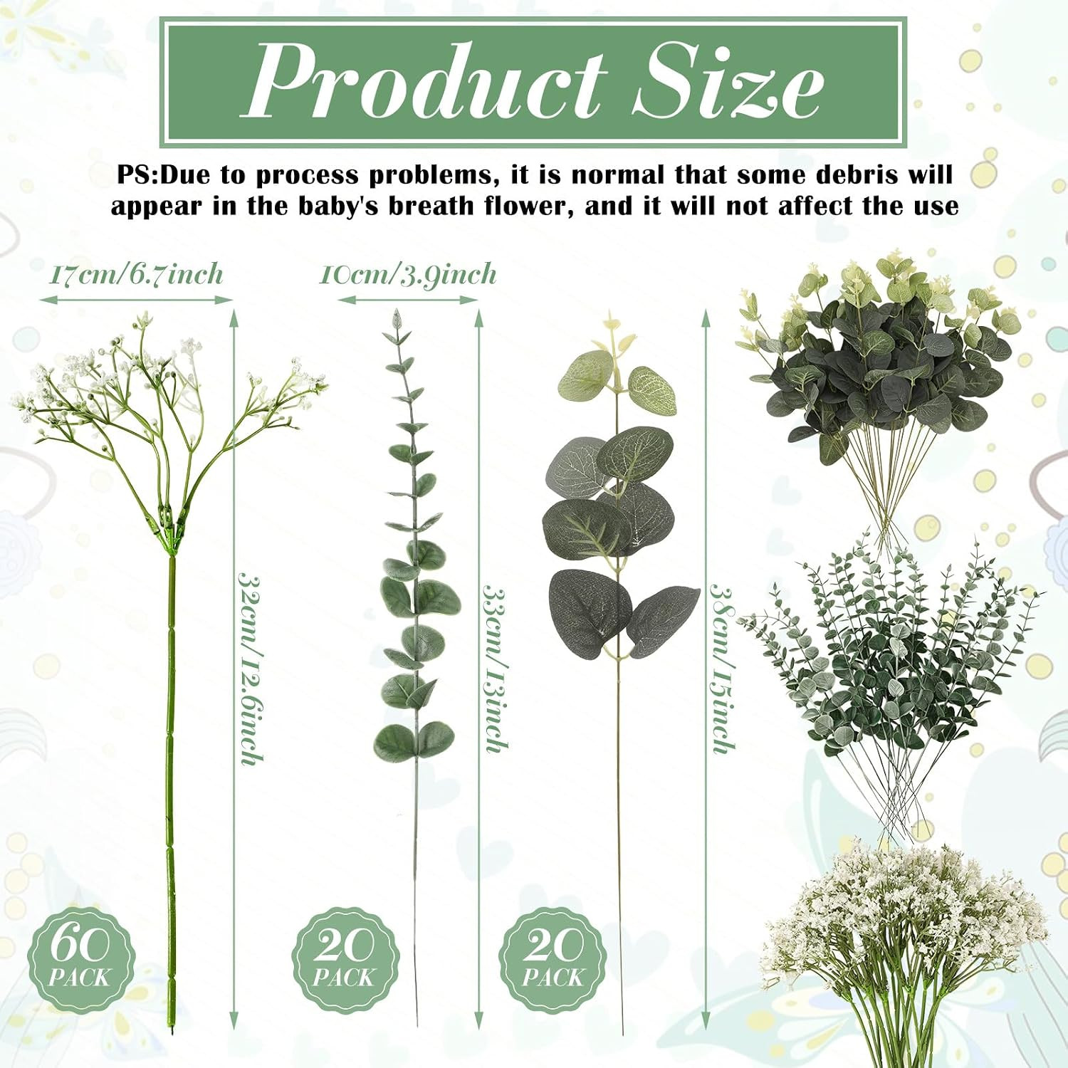 100 Pcs Artificial Babys Breath & Eucalyptus Stems for Wedding Decor