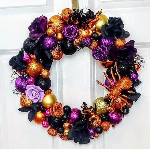 Halloween Ornament Wreath Large 18″ Handmade Front Door Glittered Rose Decor
