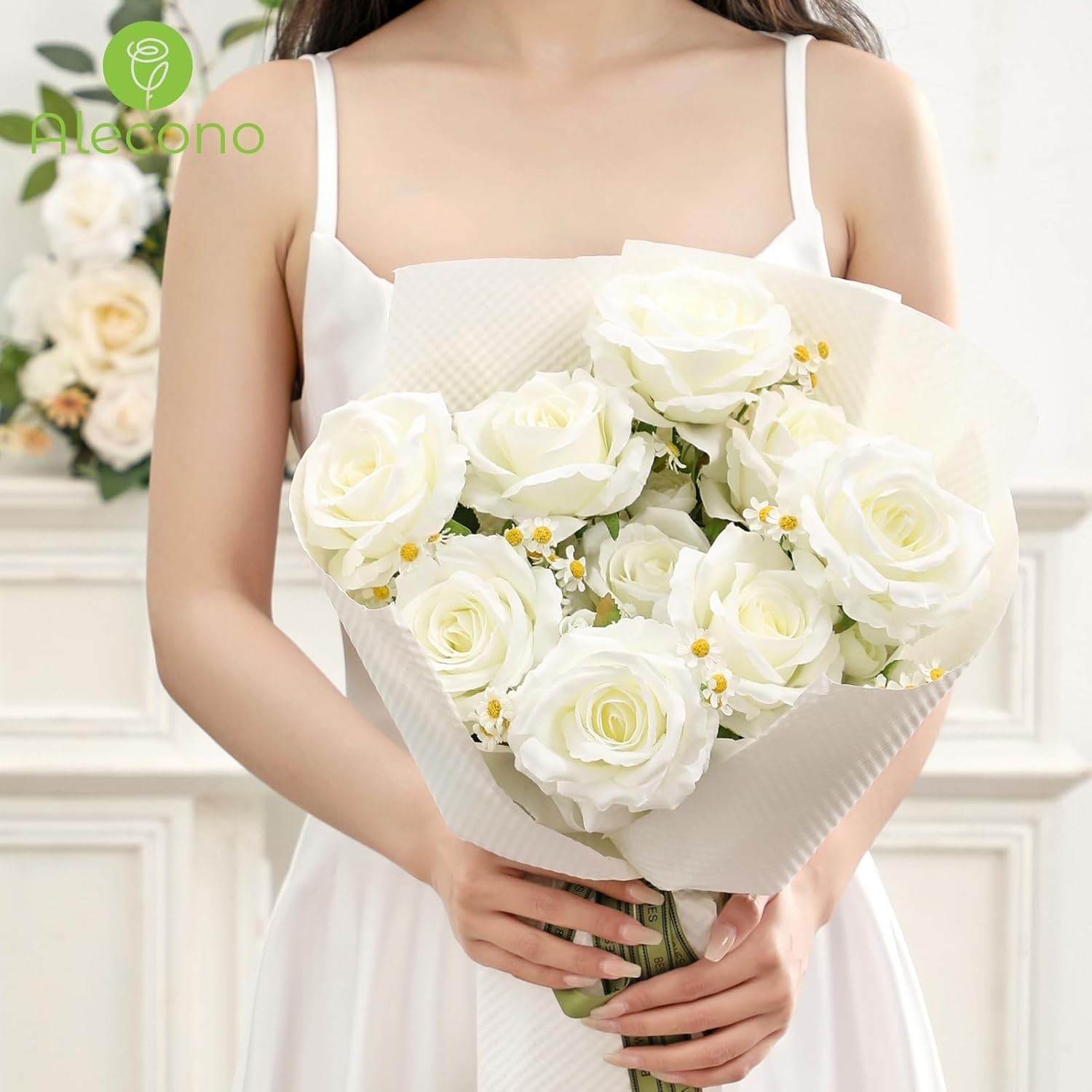 20pcs Fake Roses, 4in Big Velvet Flower Head White Roses Artificial Flowers w…