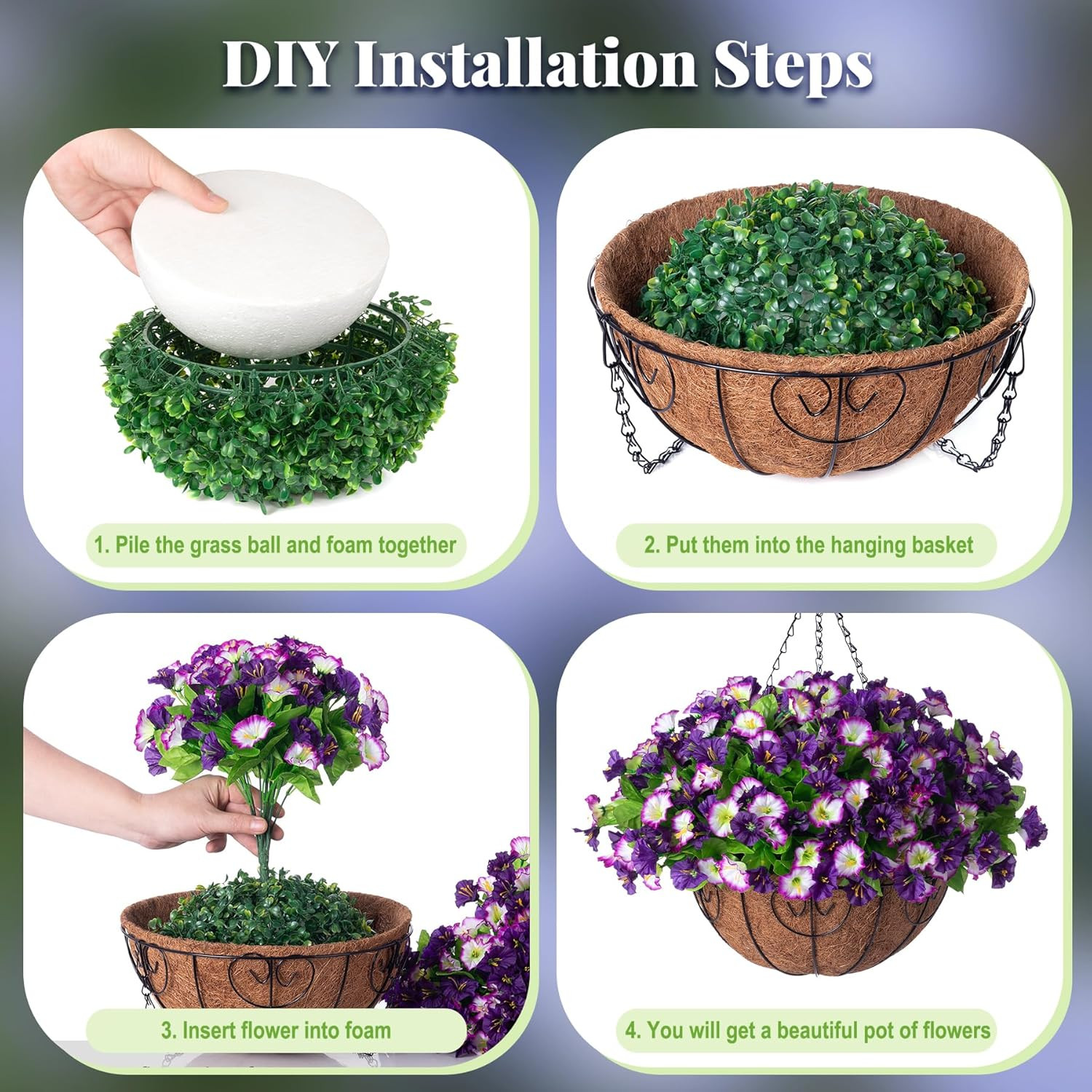 Artificial Hanging Flowers 12 Inch Basket, Faux Silk Petunias Flower Arrangement