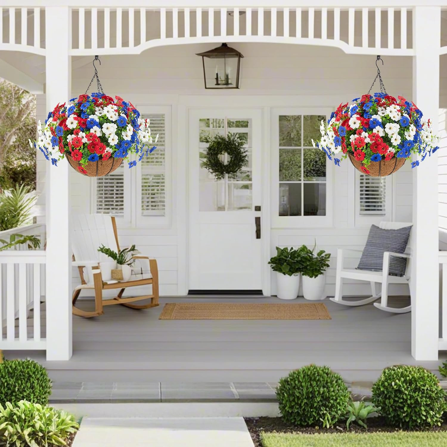 2 Pack Patriotic Hanging Flower Baskets for 4th of July Decor- Red, White, Blue