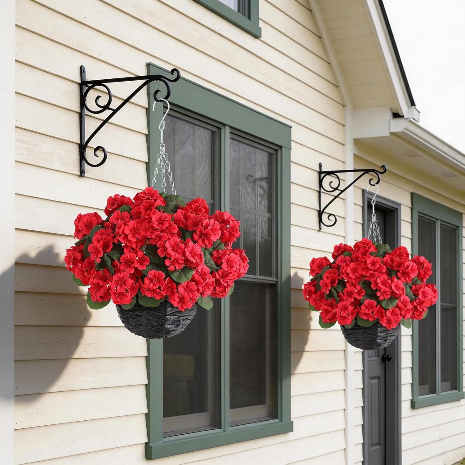 2 Set Artificial Geraniums Flowers with Hanging Baskets for Outdoors – Sun Resis