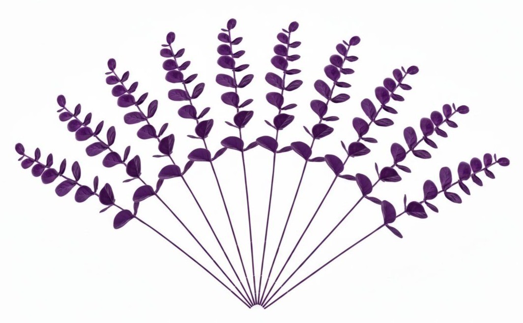 Plum Purple Eucalyptus Stems Set of 10, 14 Inch Burgundy Faux Greenery Picks for