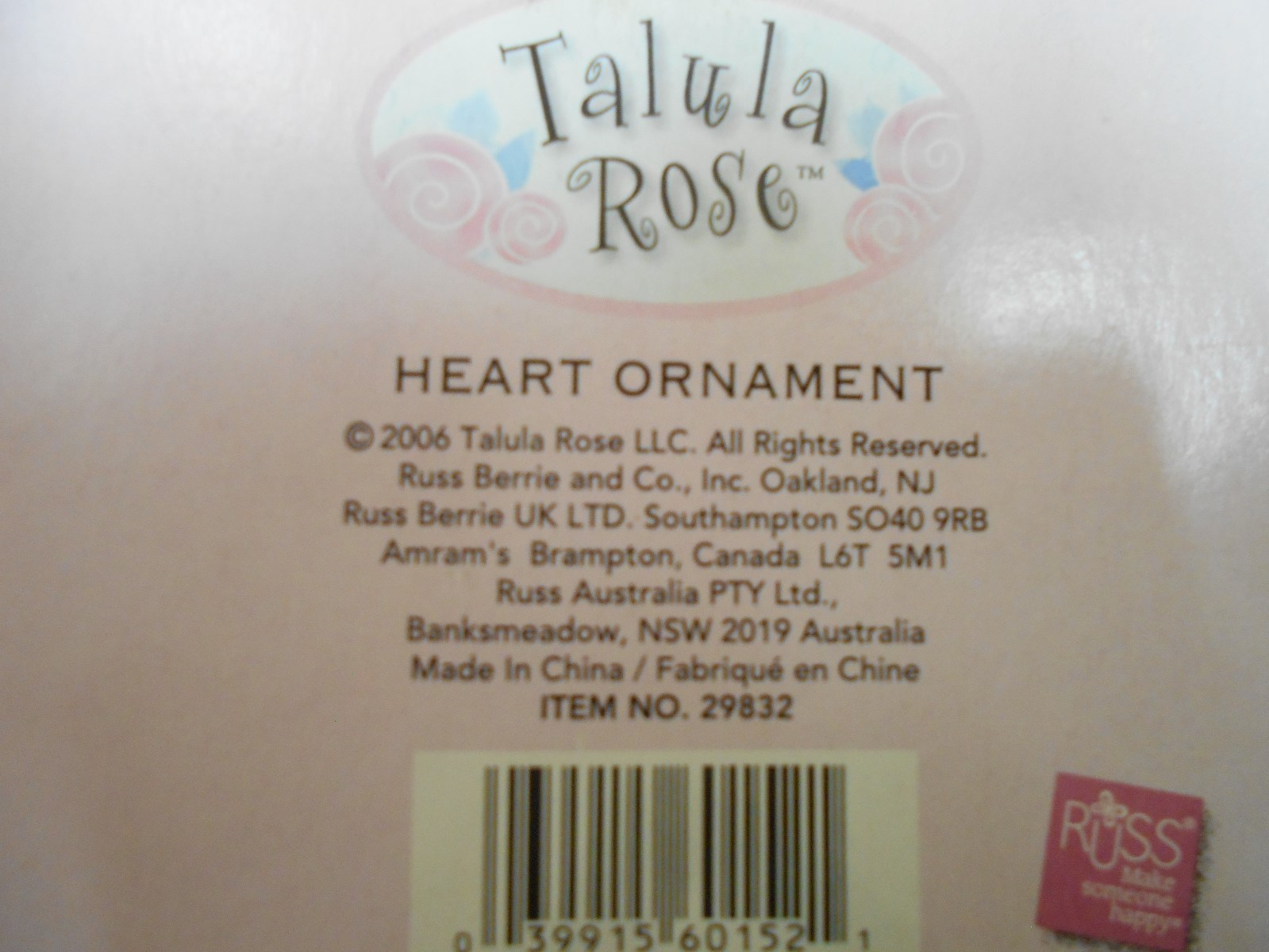 NEW in Box Talula Rose Ornaments by Russ 2006 New Old Stock