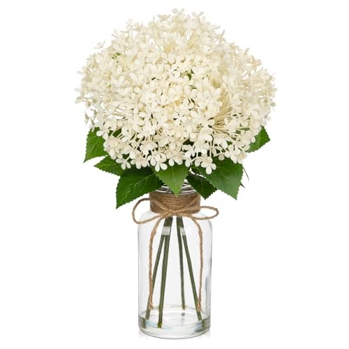 Artificial Hydrangea Flowers in Glass Vase with Faux Water, 13.8″ Fake White