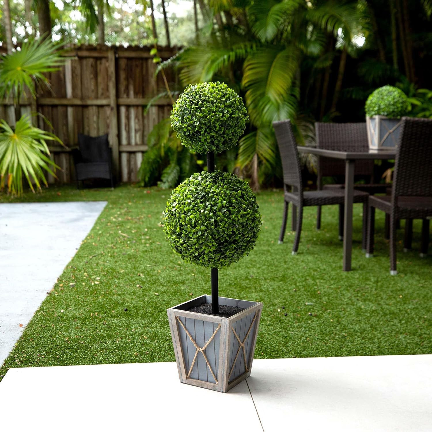 3Ft UV Resistant Double Ball Boxwood Topiary with LED Lights in Planter