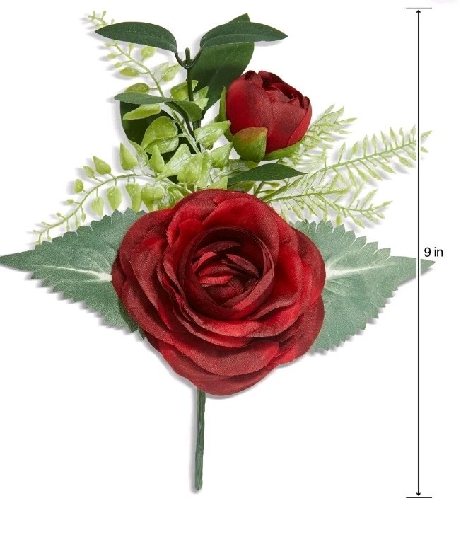 5 Pack -9in Red Open Rose With Bud Pick W/greenery Artificial Silk Flower