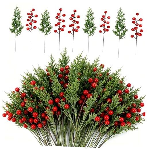 Artificial Christmas Pine Branches with Red Berry Stems-Set of 45 Greenery
