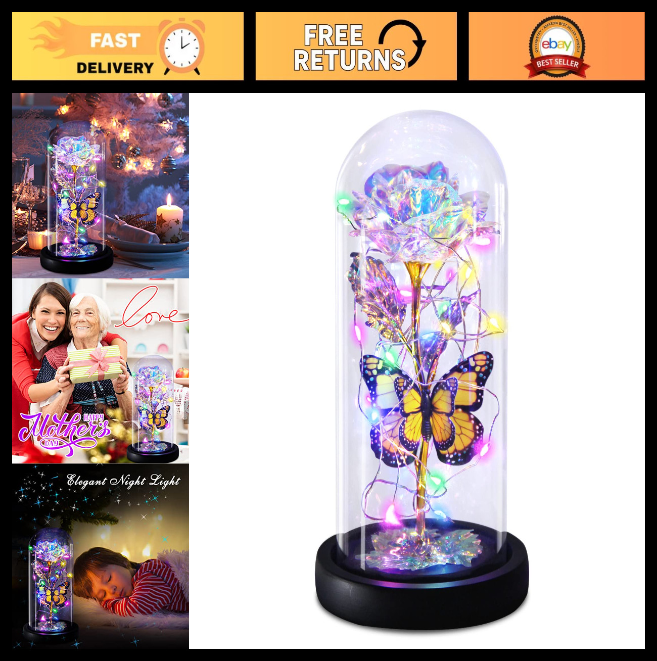 Light Up Galaxy Butterfly Rose in Glass Dome – Eternal Mother’s Day Gift for Mom