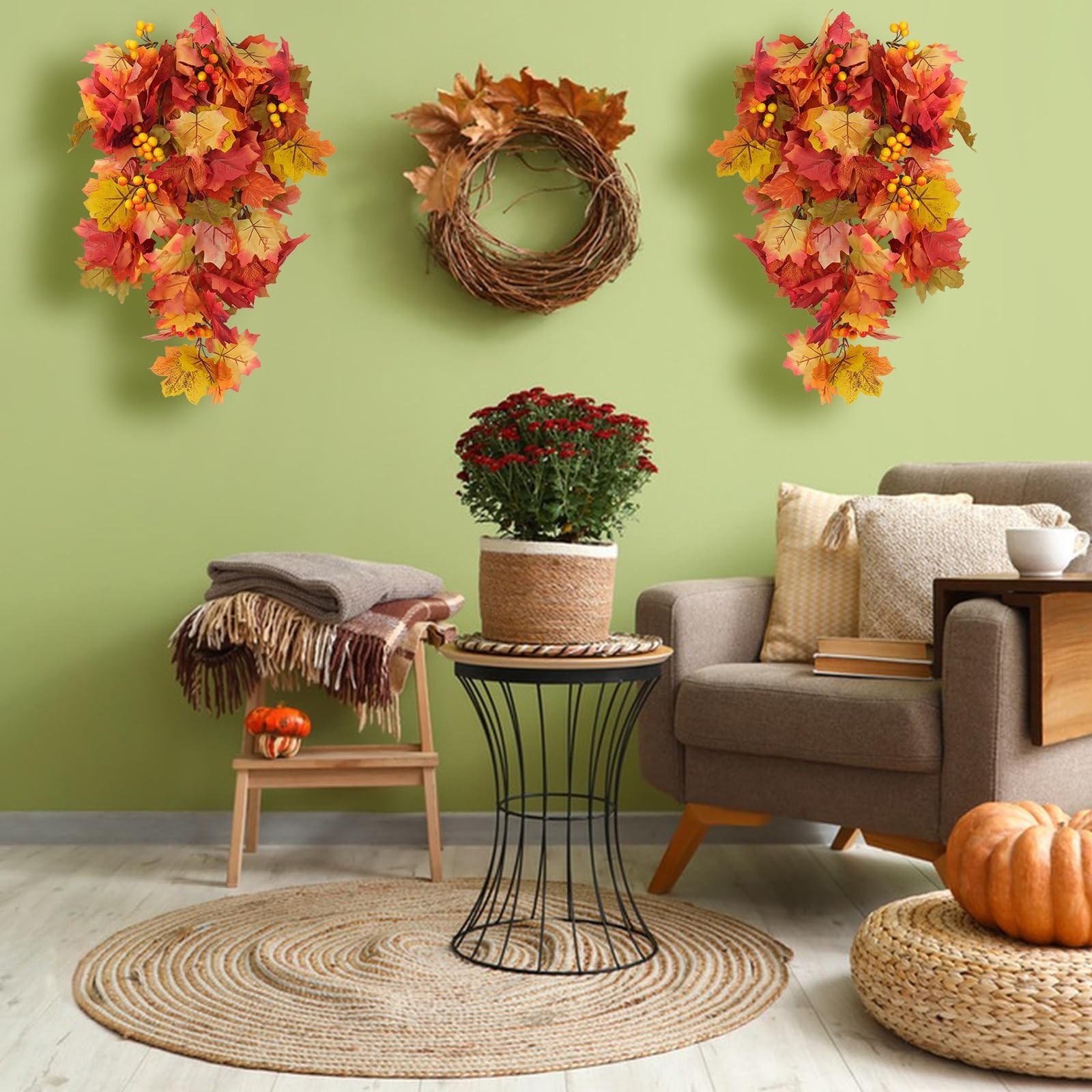 Artificial Fall Leaves Garland with Berries – 2Pcs Orange Maple Vine Decor for T