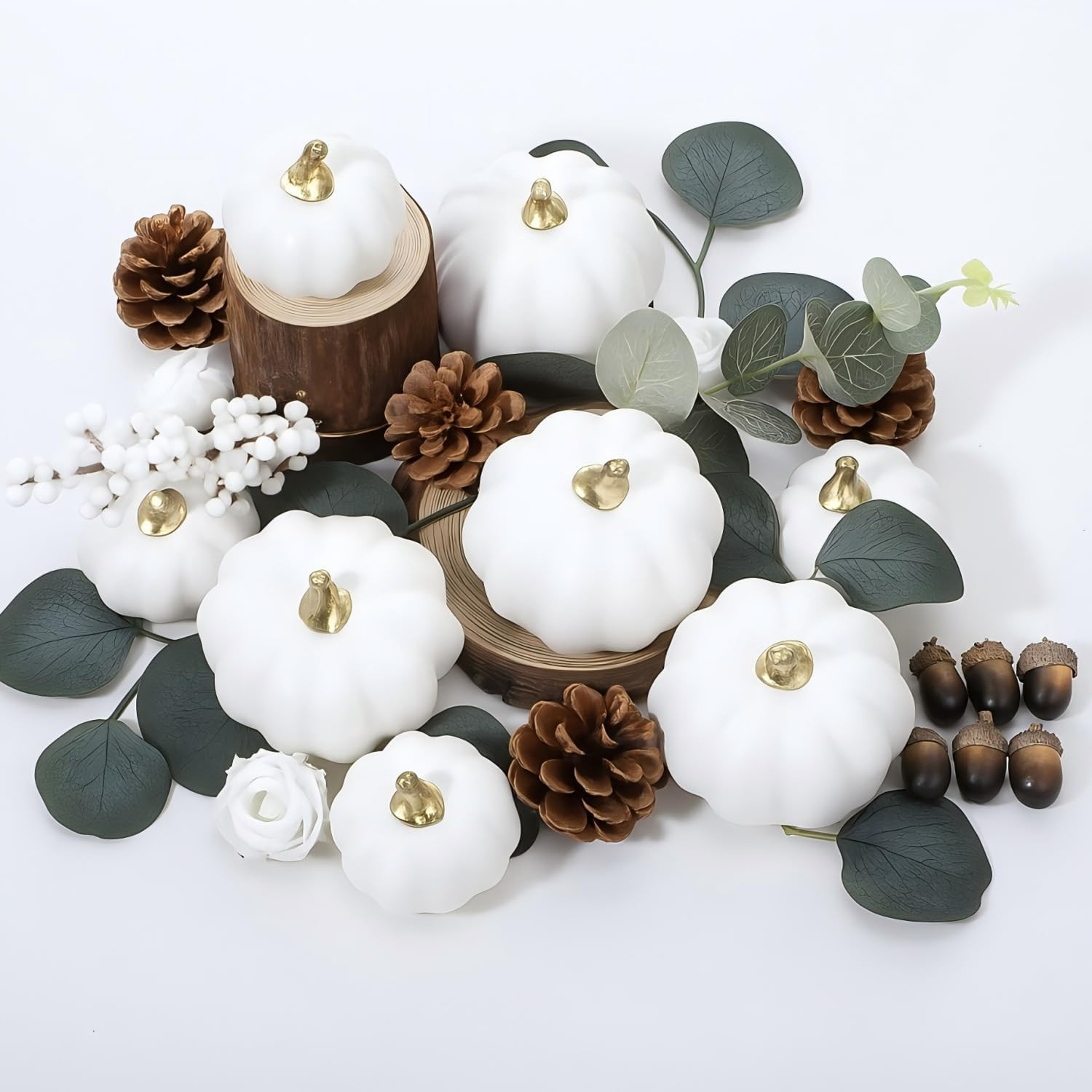 Artificial Pumpkin Eucalyptus Leaves Fall Decor, 56 PCS Fall Harvest Decorations