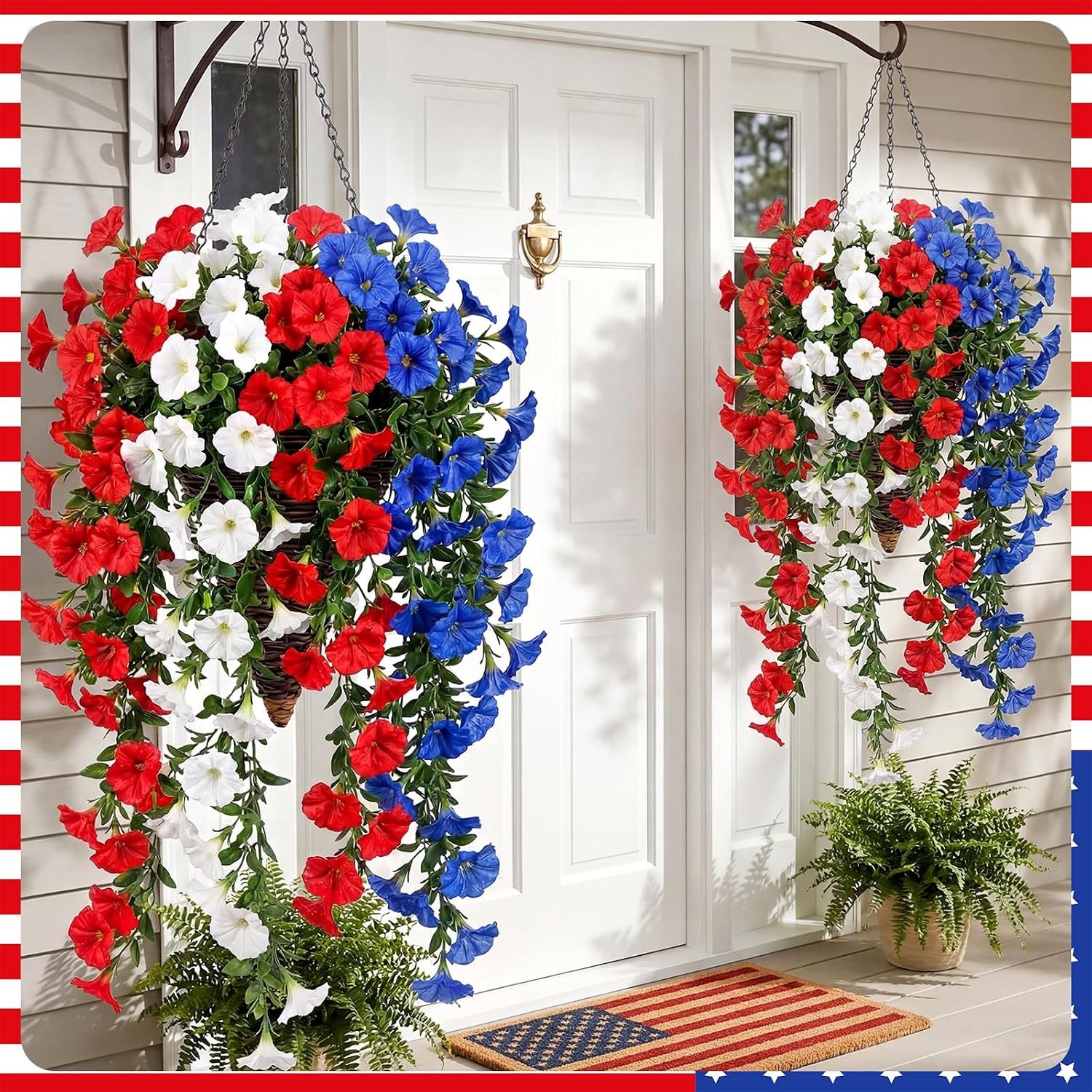 12 Pcs Red White Blue Artificial Hanging Flowers Outdoor with 2 Baskets 250th