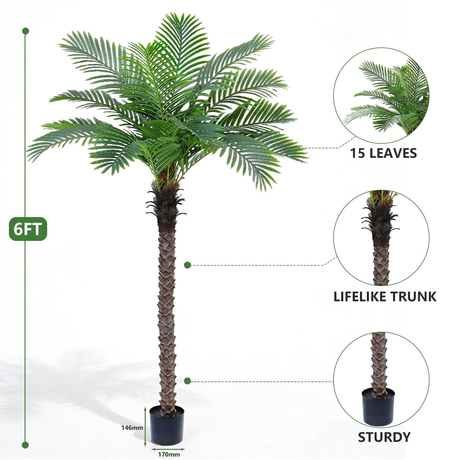 6FT Artificial Phoenix Palm Tree, Tall Tropical Fake Coconut Trees Indoor & O…