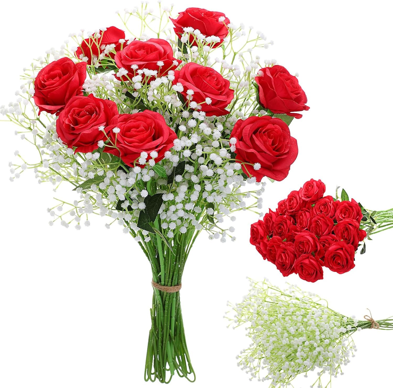 Artificial Flowers Silk Roses & Fake Baby Breath Realistic Flowers Bouquet Decor