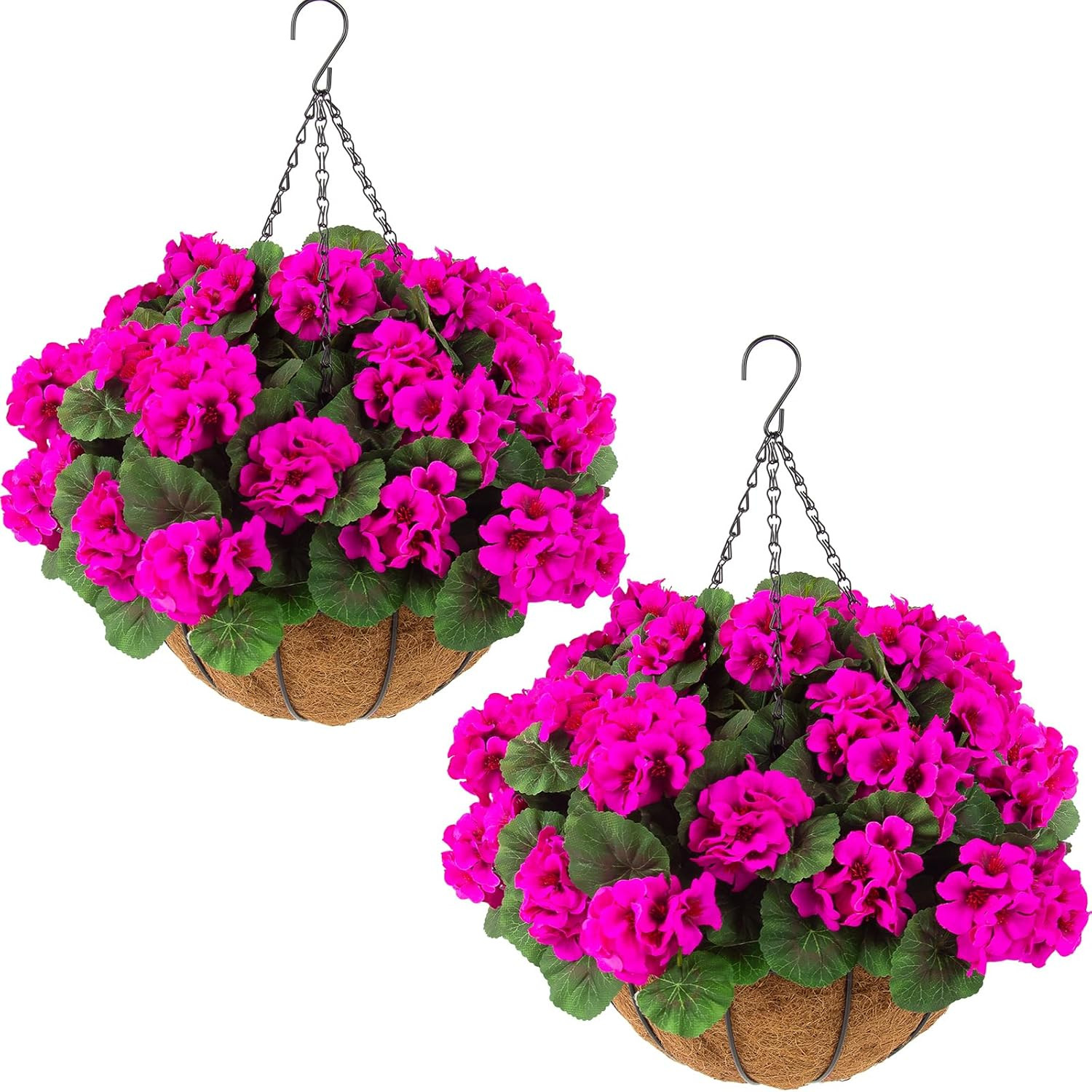 2 Set Artificial Outdoor Geraniums Flowers with Hanging Basket, 2 Hanging Plante