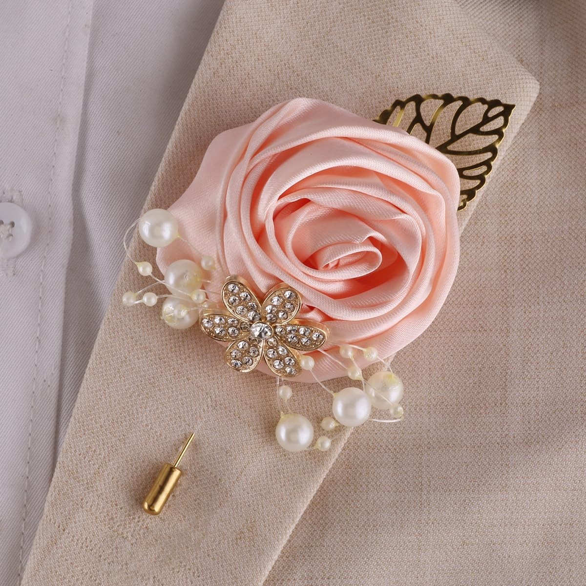 5 PCS Artificial Boutonniere Gold Leaf Faux Silk Rose Corsage Wedding Prom
