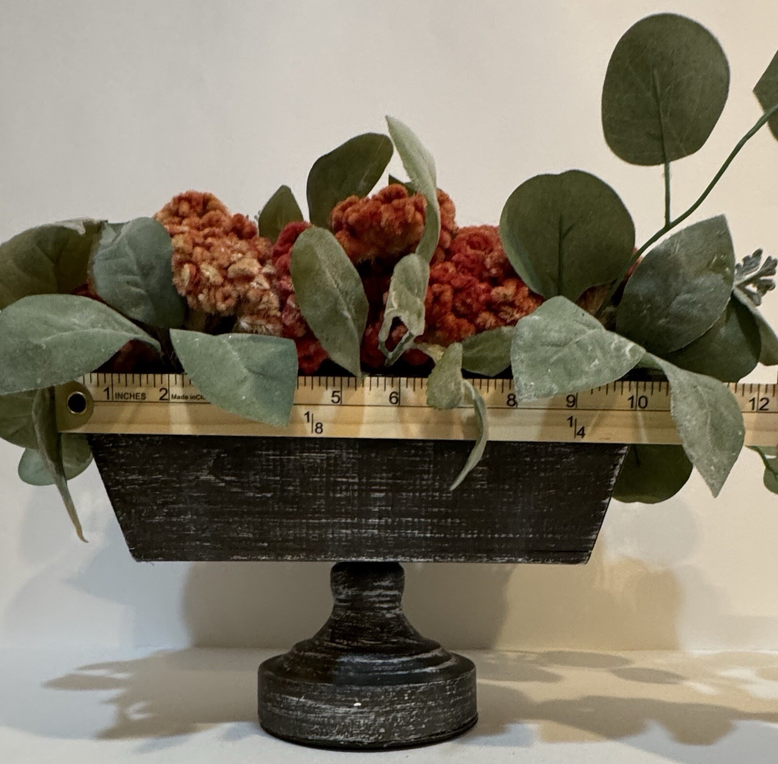 Orange Dried Floral Centerpiece Decor & Faux Green Leaves Metal Base Wooden Box