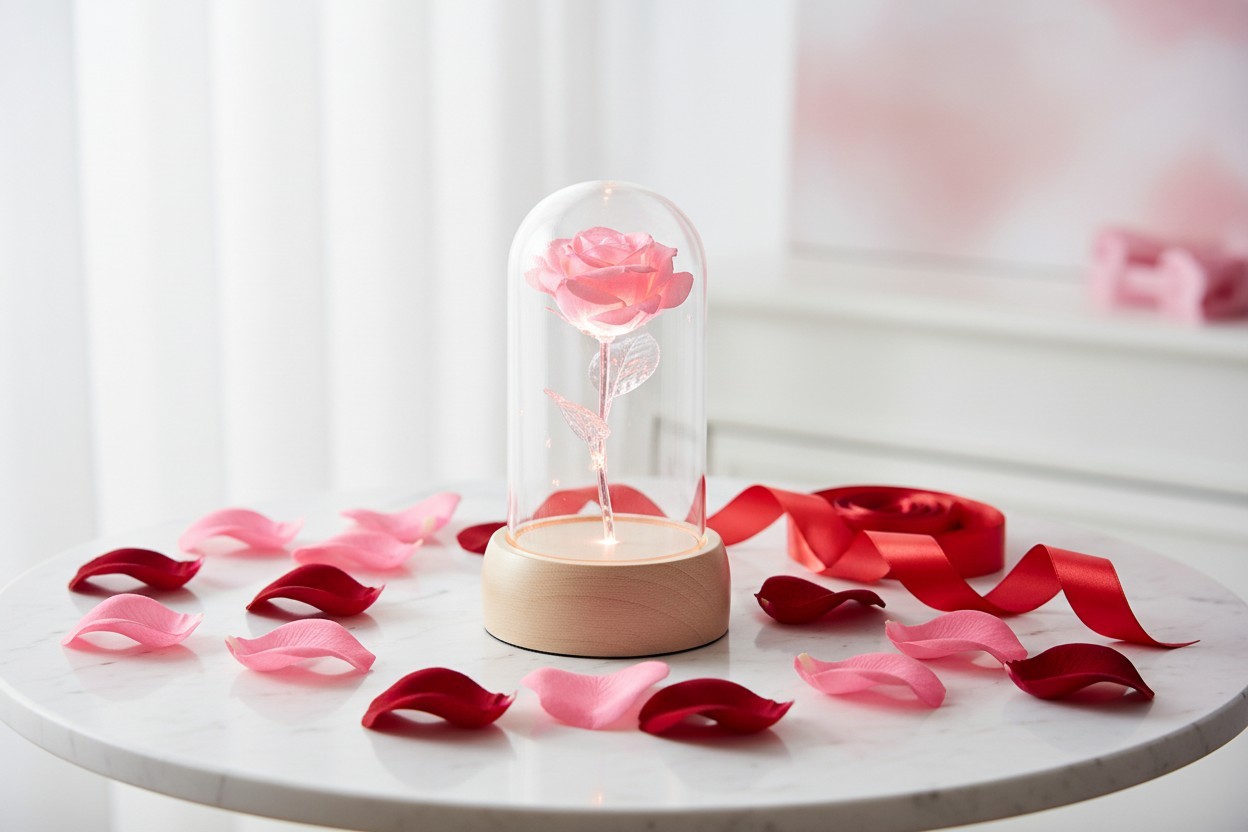 Rose Whisperings, Gorgeous Silk Rose In Lighted Glass Dome NIB Free Shipping