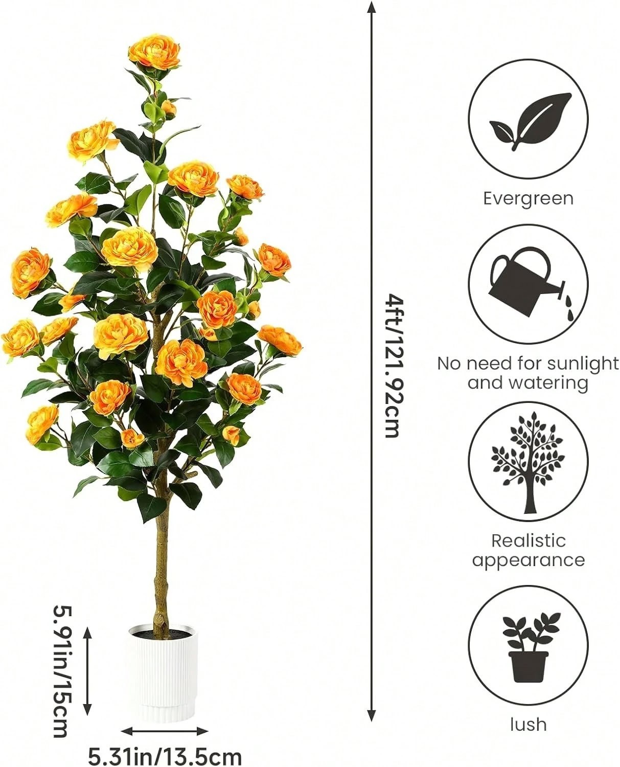 2 Pack 3FT 4FT Artificial Camellia Trees Orange Faux Potted Plants