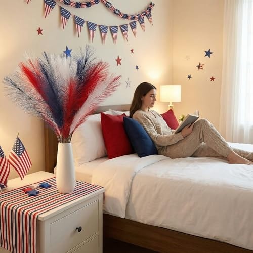 50pcs Faux Pampas Grass Decor, 21.6″ Short Artificial 50 PCS Red Blue White